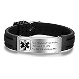 Personalized Silicone Adjustable Medical Alert Bracelets Waterproof Sport Emergency ID Bracelets for Men Women (Black)