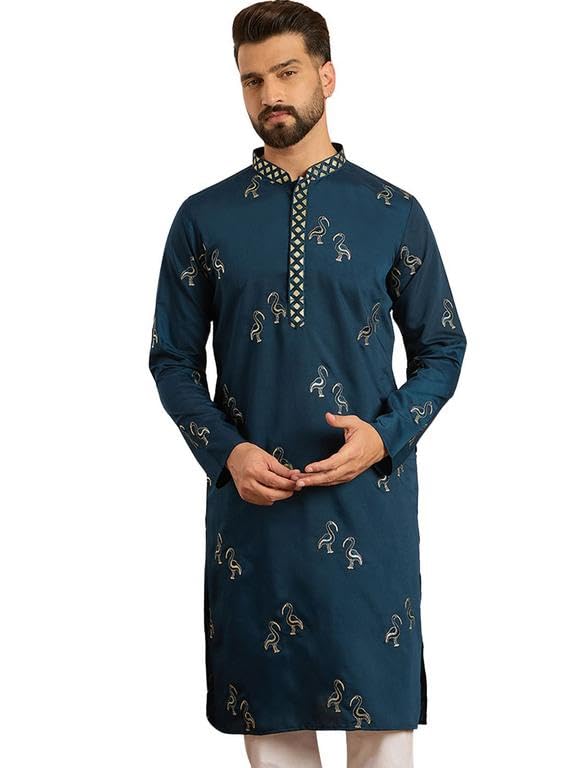 Mens Navy Blue Silk Blend Solid Embroidery Design Calf Length Kurta Set | Men'S | Solid Embroidered Kurta's Sets For Men | Straight Fit Kurtas Set For Men's-picture-25