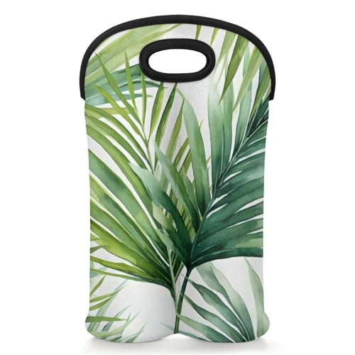 2 Bottles Green Palm Leaves Wine Bag Sleeve Totes Neoprene Protective Wine Carrier Bag for Wine,Water, Champagne, Beer, Baby Bottles,Gift 14.5 x 10 Inches