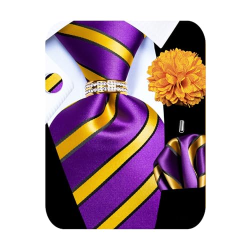 Image of 5PCS Mens Premium Silk Tie, Pocket Square, Cufflinks, Drilled Tie Ring and Lapel Pin Set for Wedding Groom Party