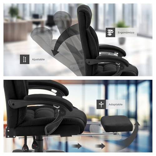 tectake® Silla Oficina Ergonomica con Reposapiés Desplegable, Mobiliario de Oficina, Reposabrazos Ajustables, Sillas Oficina, Sillón, Silla Escritorio, Sillas Escritorio - Negro - imagen 8