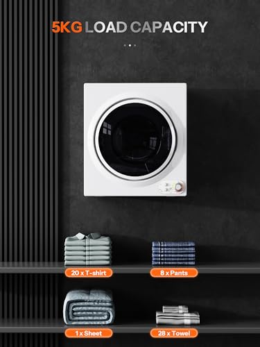 5KG Vented Tumble Dryer with Sensor Dry, 1400W Compact Tumble Dryer with Stainless Steel Tub, Control Panel Downside Easy Control for 5 Automatic Drying Mode, White - Image 4