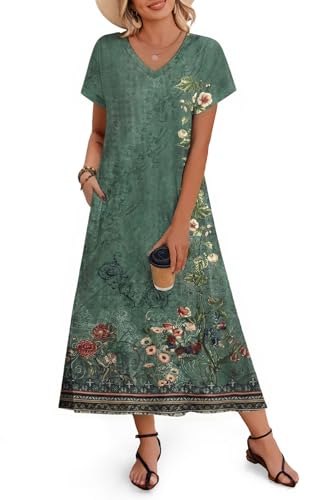 Image of Zeagoo Women Summer Floral Dress Short Sleeve Beach Dress with Pockets Casual V-Neck Split Long T-Shirt Dress Travel Vacation