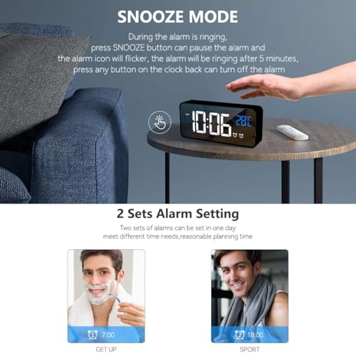 Miniatura 7 de Homvilla Reloj Despertador Digital Con Pantalla Led De Temperatura, Alarma De Espejo Portátil Con Alarma Doble Tiempo De Repetición 4 Niveles De Brillo Regulable 10 Música Despertadores Digitales