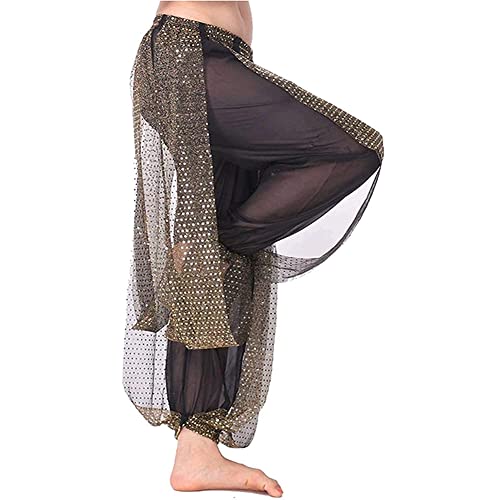 Leemiman Women Belly Dance Costume Pants Sequin Shinny Harem Yoga Pants Arabic Halloween Black Trousers (Black)