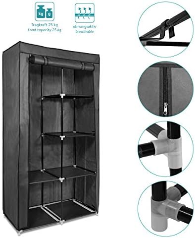 Navaris Canvas Effect Wardrobe - Foldable Storage Cupboard for Clothes 88 x 170 x 45 cm - Comes with 5 Shelves, Rail, Metal Frame and Cover - Grey