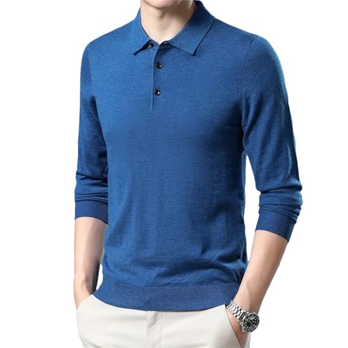 Dcvmvmn Mens Spring Sheep Wool Knit Casual Turn-Down Collar Pullovers Sweater Male Long Sleeve Kniwear Blue