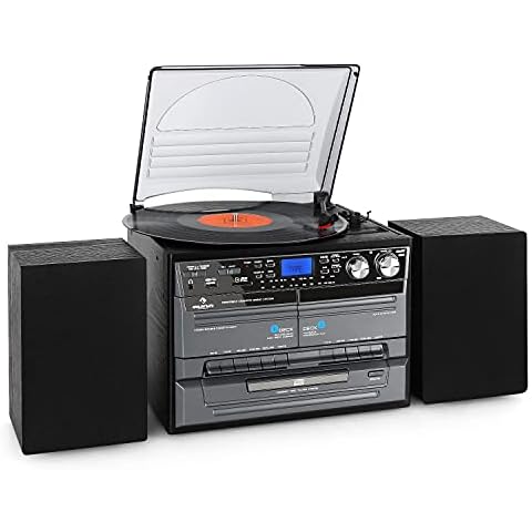 Auna Vinyl Record Player, Vinyl Records Turntable Record Players for Vinyl w/Speakers, Bluetooth Home Audio Record Players, Retro Vintage USB & CD Turntable, AUX, Speakers Stereo Systems w/Turntable Cover