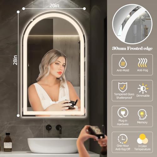Image of Arched LED Bathroom Mirror 20x28 Inch with Backlit and Frontlit