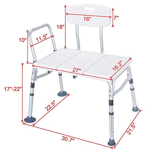 Health Line Massage Products Tool-Free 400 lbs Transfer Bench, Tub Adjustable Shower Bath Chair, w/Reversible Back & Non-Slip Feet, Great for Elderly, Disabled, Seniors & Bariatric with Back Scruber - Thumbnail 5