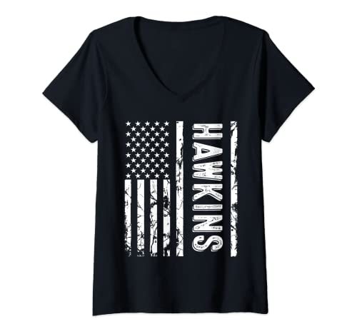 Womens Hawkins Last Name Funny Surname Team Hawkins Family Reunion V-Neck T-Shirt