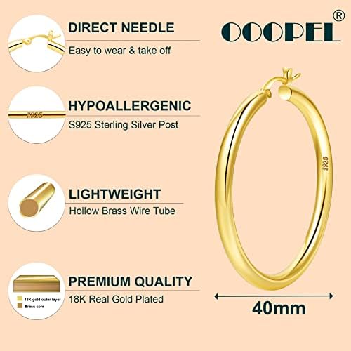 4mm Thick Gold Chunky Earrings Steling Silver Post Hoops Earrings For Women Hollow Tube Hoops Earrings Thick Golden Hoop Earrings Hypoallergenic Lightweight Gold Hoop Large Earrings 20/30/40/50/60MM - 1