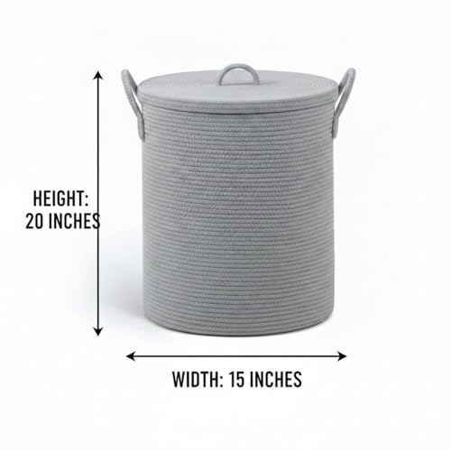 Image of Basket with Lid, 15 inch x 20 inch Woven Storage Basket for Blankets, Toys, Pillows, Towels, Living Room Bedroom Storage Bin, Round Rope Basket with Lid, Wicker Baskets for Organizing (BG2)