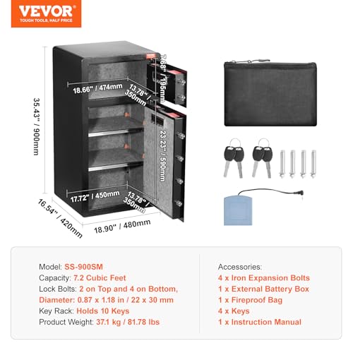 VEVOR Double Doors 7.2 cu.ft Safe Box with Key Lock & Password, Safe Lock Box with Fireproof Bag, Key Rack, LED Light and 2 Height Adjustable and Removable Divider for Money, Documents, Jewelry and Va by VEVOR - Image 7