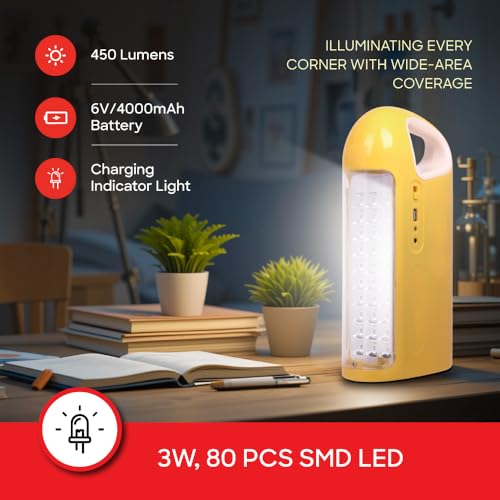 Image of Sanford Emergency Lantern, 30 SMD LED, 550 Lumens, Solar & Electric Charging, Power Bank, Yellow, Unbreakable PC Glass & ABS Body, 15.5x8.4x32.1 cm, 5500mAh Battery