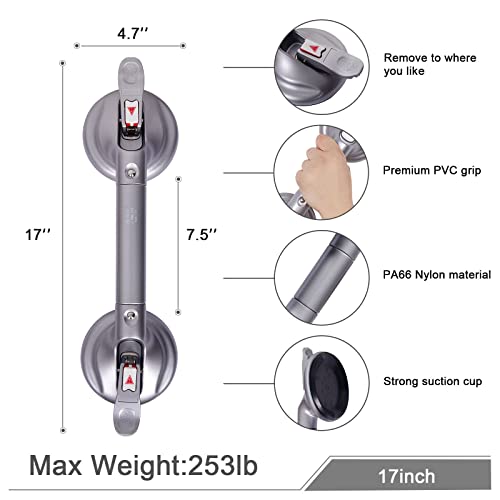 HEINSY 17inch Suction Shower Grab Bar, Portable Shower Handle Bar Suction Grip Bar Bathtub Handle with Strong Hold Suction Cup Fitting and Rapid Release for Bathroom(Max Capacity :300lb - Thumbnail 3