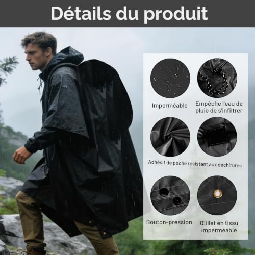 Gyism Poncho de pluie imperméable pour homme et femme - Veste de pluie polyvalente avec capuche et poches 3 en 1 - Protection contre la pluie - Poncho de pluie pour la randonnée et le camping (Noir) – vue 4