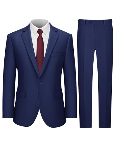 LUPURTY Mens 2 Piece Suits Slim Fit One Button Blazer Jacket Pants Tuxedo Set with Tie for Prom Wedding and Business Navy