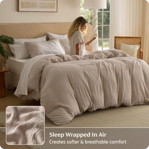 Image of Bedsure 100% Muslin Cotton Duvet Cover Queen Size - Ultra-Soft Gauze Duvet Cover, PureWoven Breathable & Lightweight Bedding Set with Button Closure and Corner Ties (Khaki, Queen, 90 inchx90 inch)
