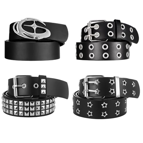 Zhamate 4 Packs Punk Gothic Belts for Women Men Y2K Retro Adjustable Studded Belt with Metal Buckles for Jeans Skater Hip Hop Rock Outfits (Double-Needle)