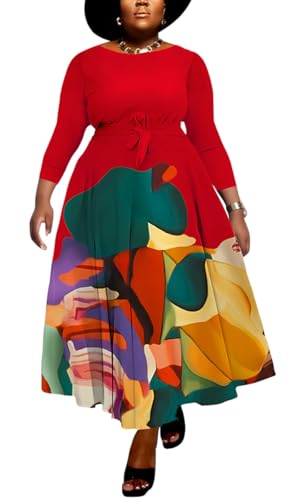 Image of BFFBABY Women's Wrap V Neck Plus Size Maxi Dresses 3 /4 Sleeves Chain Floral Printed Swing Dress with Belt