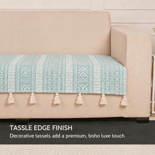 Image of STITCHNEST 'Verdant Bohemian Stories' 1 Seater Sofa Cover| Elegant Jacquard Fabric, Decorative Tassels, Washable & Durable for Modern Living
