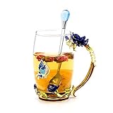 Daycindy Handmade Enamel Rose Teacup Black Tea Cup with Spoon Set (13oz, Rose Blue)