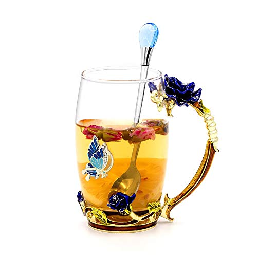 Daycindy Handmade Enamel Rose Tea Cup with Spoon Set (13oz, Blue)