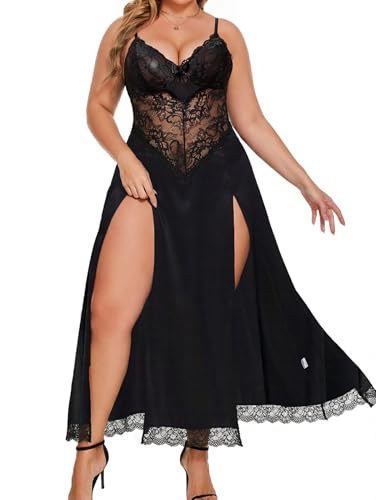 Image of Alrovetoney Plus Size Lingerie For Women Babydoll Sexy Mesh Maxi Nightdress Exotic Sleepwear Side Slits