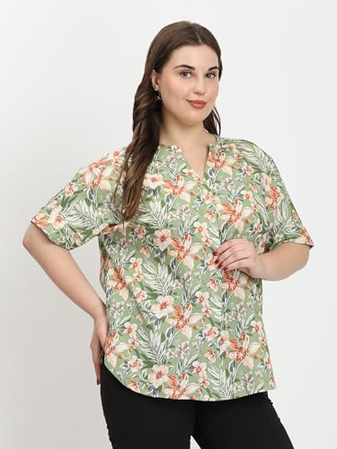 Image of SINDOORI Relaxed Fit Tops for Women Plus Size Solid Printed Mandarin Collar, Band Collar, V-Neck Top, Half Sleeve Loose Fit