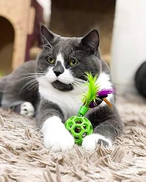 JW Pet Cataction Feather Ball with Bell, Cat Toy, Green, 1 Count (Pack of 1) (71059)