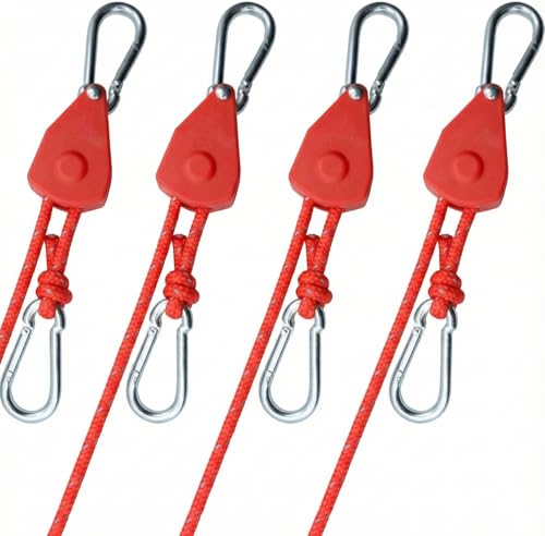 Image of 4Pack Retractable Ratchet Tie Down Straps, 13 Ft 1 /8 inch Adjustable Rope Hanger, Heavy Duty Ratcheting Pulley System with 2 Carabiner Hook, for Tent, Hanging Plants, Grow Lights, Vivid Red