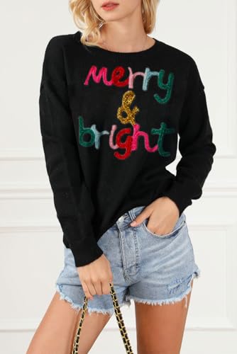 Image of LEMAFER Women 2026 Merry Christmas Round Neck Sequin Letters Sweater Casual Solid Slogan Long Sleeve Pullover Sweatshirt Tops