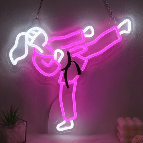 OkiyiD Girls Taekwondo Neon Sign,Karate Gifts for Girls,Martial Arts Wall Decor with USB Power & Hanging Chain, Ideal MMA Gifts for Bedroom, Dojo Trainning Room Decor Accessories