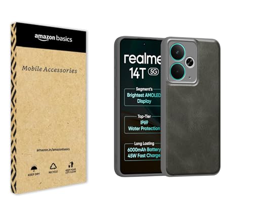 Image of amazon basics Back Cover for Realme 14T 5G | Ultra Slim Soft Rubberised Case | Oil Feel Soft Leather Back | Camera Protection - Gray