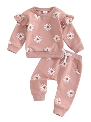 ZZLBUF Toddler Baby Girl 2Pcs Outfits Floral Ruffle Long Sleeve Sweatshirt Pants Set Newborn Infant Fall Winter Clothes (Daisy Pink, 18-24 Months)