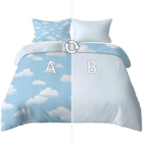 Housse de Couette 90x190cm Bleu Clair Parure de Lit Enfant Nuages 2 Pièces - 2