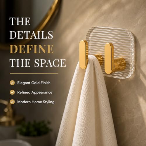 Image of SIGNAMIO 8 Hook Self Adhesive Wall Hooks for Wall Heavy Items, Adhesive Wall Hook, Wall Hooks for Hanging Clothes, Kitchen & Bathroom Accessories, Stick On Hooks for Wall Without Drill -Gold