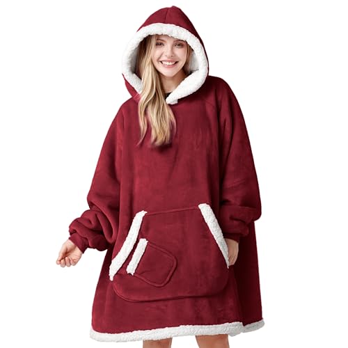 Image of Giggling Getup Wearable Blanket Hoodie for Women Men Gifts for Women Mom Wife Sherpa Fleece Hooded Blanket Sweatshirt Warm Cozy Sherpa Wearable Throw with Pocket & Sleeves for Adult Standard Burgundy