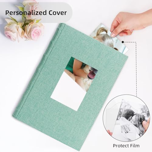 Álbum de fotos Vienrose 4x6 pulgadas para 300 fotos, cubierta de lino verde con ventana personalizable, área de memo, bolsillos deslizables, libre de ácido y PVC miniatura 5