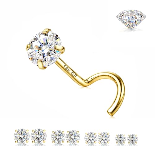 GEMQUEEN 316L Surgical Steel Moissanite Nose Studs : 18K Gold Plated S Shaped Nose Rings Set Hypoallergenic 20G Small Moissanite Nostril Piercing Jewelry for Women Men Trendy 1.5/2/2.5/3mm 8Pcs