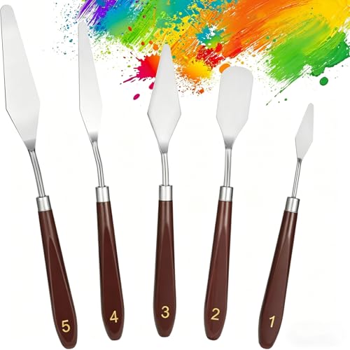 Palette Knife Set, 5-Piece Painting Knives with Wood Handles, Stainless Steel Blades for Acrylic & Oil Painting, Color Mixing, Impasto, Texture Painting and Modeling Paste, Artist Paint Spatula Tools