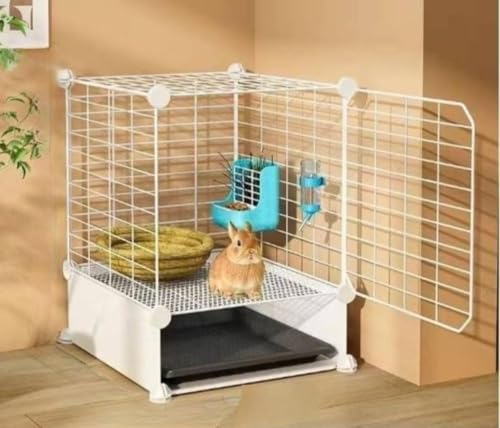 Ambety 小動物用の金属製ウサギケージ、尿に強い、キャスター付き、自動清掃補助具付き、お手入れ簡単、トイレ付きの大型サイズ、室内使用に適しており、モルモット、モルモット、ドワーフウサギにも適しています (基本セット [ケージ + 設置用工具 + 引き出