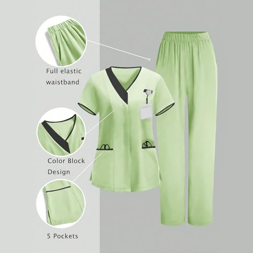 Image of 2026 Scrub for Cleaning Jobs Uniform, Multi Pockets Scrubs for Women Sets, V-Neck Top & Straight Leg Pants Scrubs Set