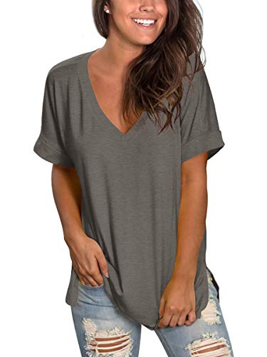 Image of Sampeel Women's V Neck T Shirts Casual Rolled Short Sleeve Side Split Summer Tops Loose Fit