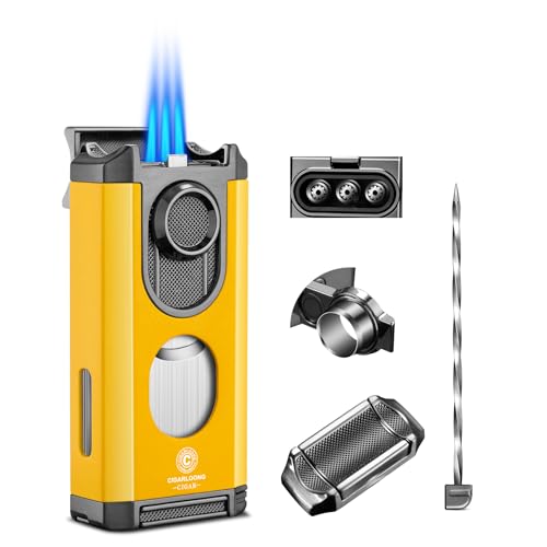 CIGARLOONG Cigar Lighter, 3 in 1 Multi Functional Cigar Lighter Gift Box, Built in Cigar Holder and Cigar Cutter Flat Cutting, Butane Lighter, Windproof 3 Jet Flame Torch Lighter (yellow)，without Gas