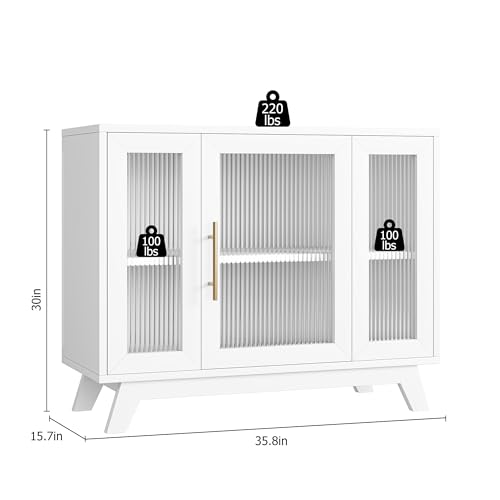Image of 36 inch Sideboard Buffet Cabinet with Storage, Contemporary Farmhouse Kitchen Sideboard with Glass Doors & Adjustable Shelves for Dining Room & Living Room