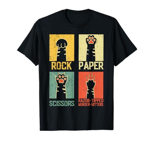 Retro Rock Paper Tijeras Juego Mano Lindo Pata Humor Gato Meme Camiseta