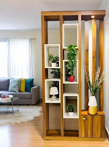 Image of MKH KRAFTS Hand Carved Wooden Room Divider & Partition Panel Decorative Room Separator with Open Shelf Divider for Living Room Kitchen & Office Brown. (72x40 Inch)