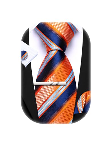 Image of Barry.Wang Men Tie Stripe Plaid Silk Ties Pocket Sqaure Cufflink Tie-Clip 4PCS Set Classic Business Wedding Necktie (orange blue)